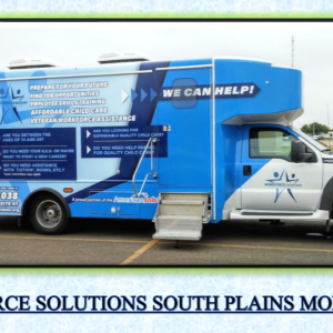 The Workforce Solutions South Plains mobile unit, a blue and white truck with signage reading "We Can Help!" and listing services including job opportunities, employee skills training, affordable child care, and veteran workforce assistance. The vehicle displays the phone number 806.765.5038 and is branded as a proud partner of the American Job Center.